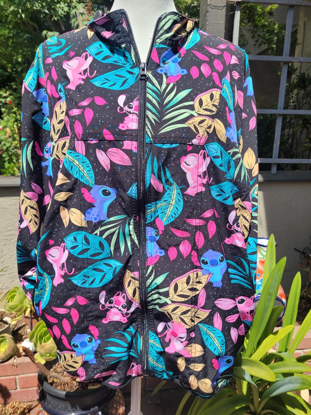 Disney Black Zip-Up Nylon with Bright Blue, Pink & Gold Leaf Print